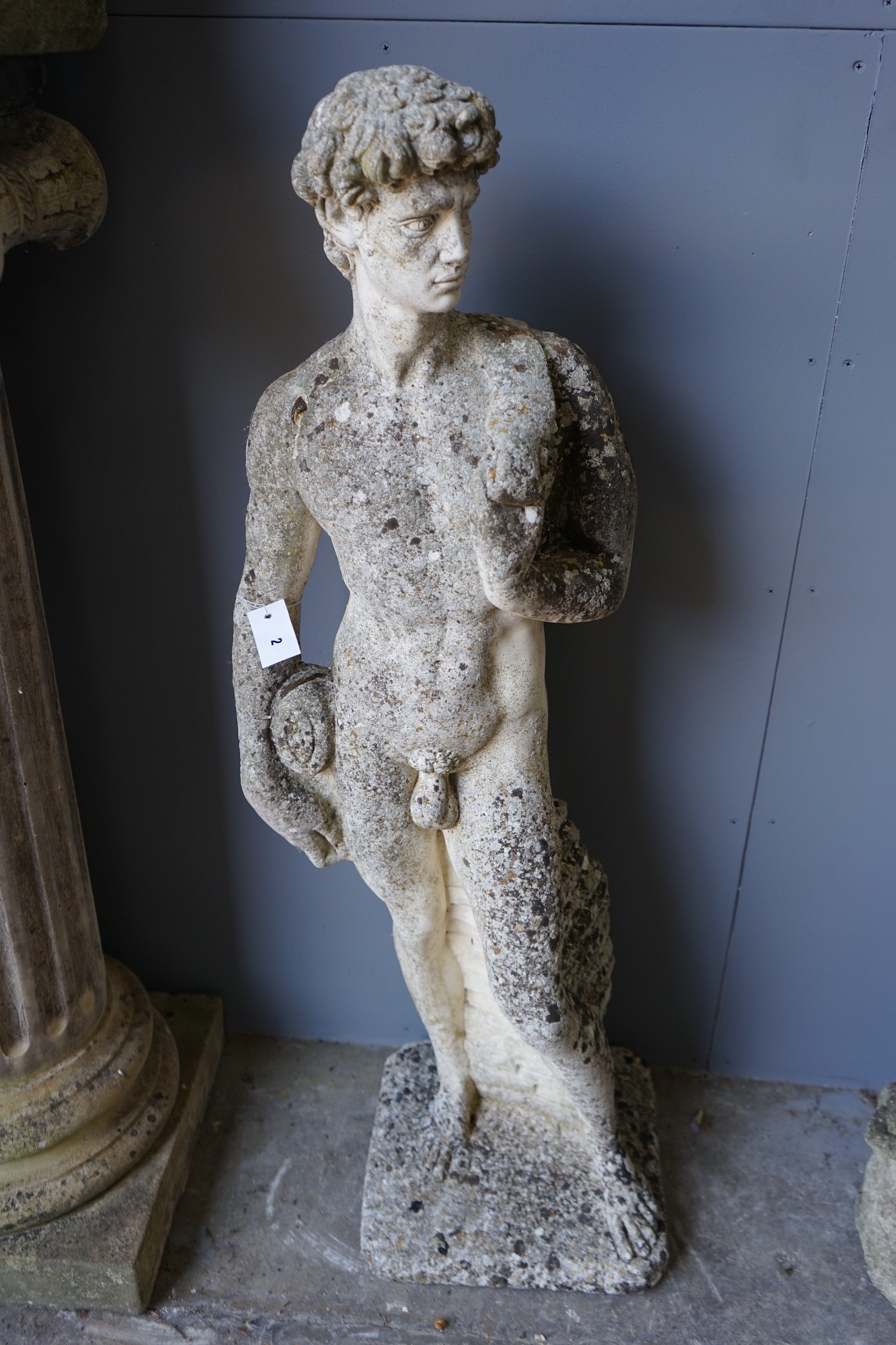 A reconstituted stone garden ornament of David, height 118cm